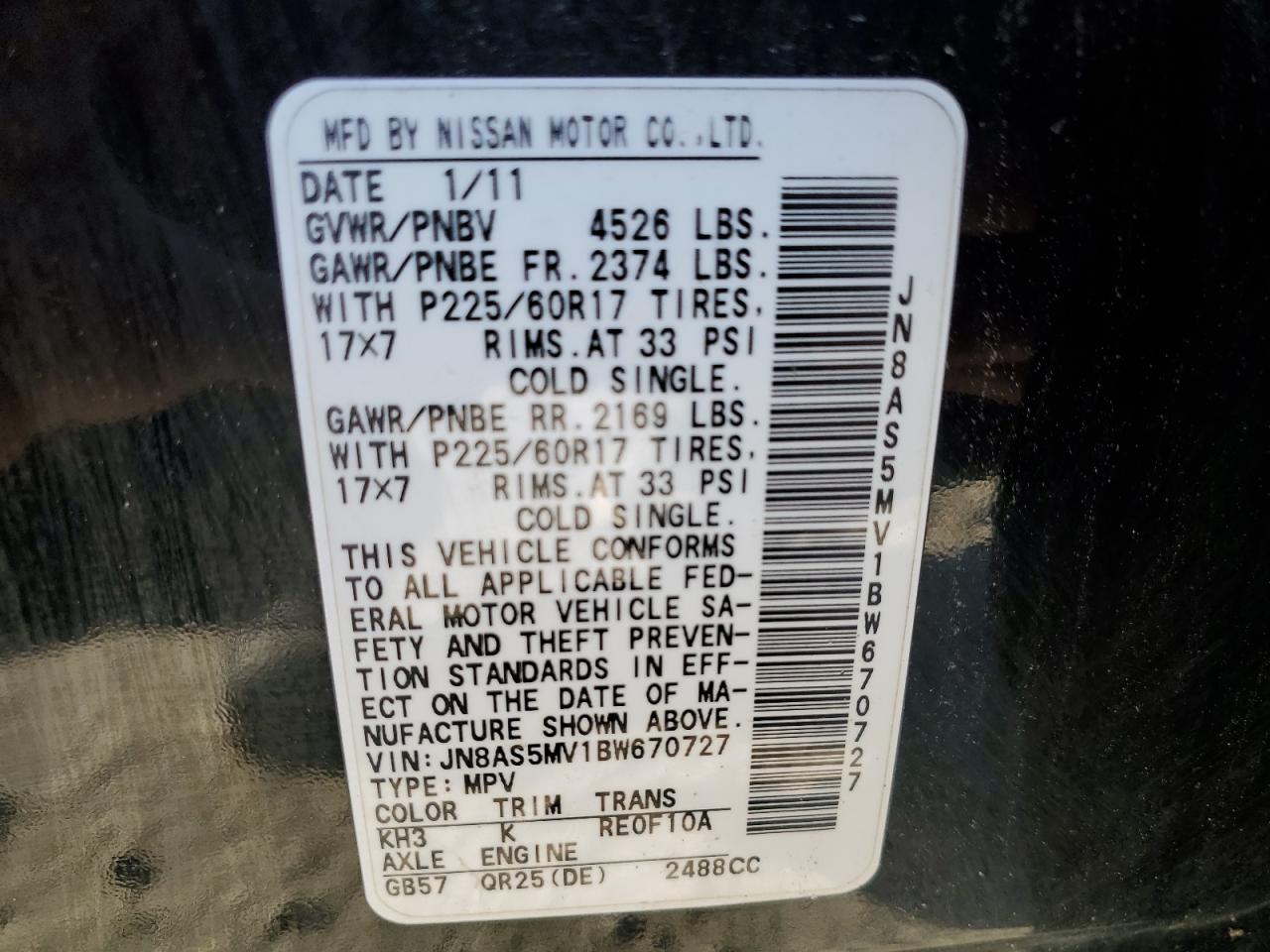 2011 Nissan Rogue S VIN: JN8AS5MV1BW670727 Lot: 91545635