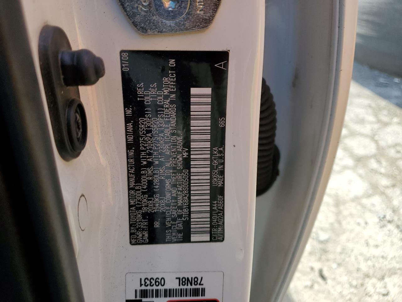 2008 Toyota Sequoia Limited VIN: 5TDBY68A28S005050 Lot: 92501595