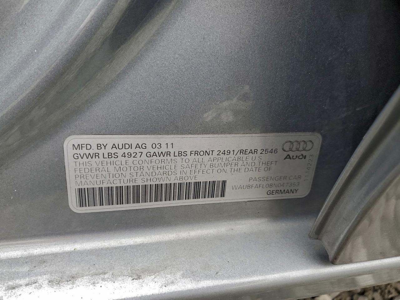 2011 Audi A4 Premium VIN: WAUBFAFL0BN047353 Lot: 94231635