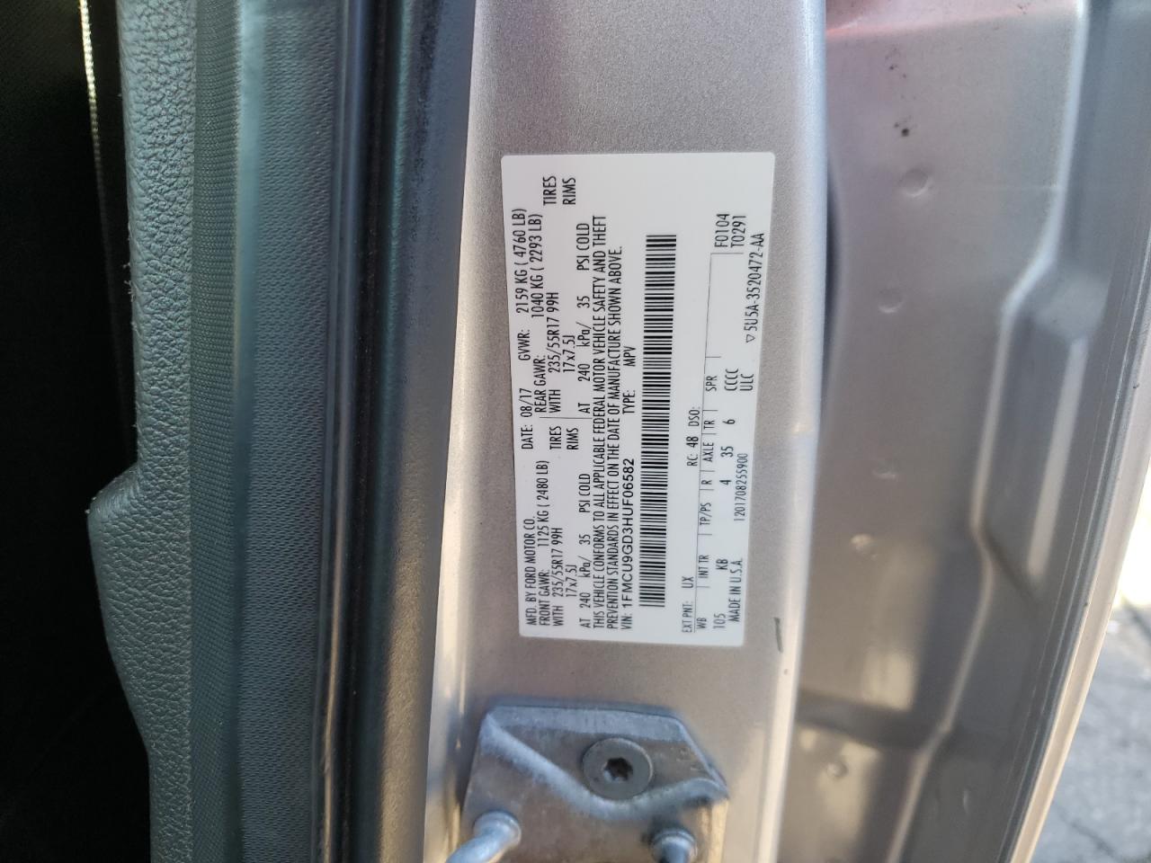 2017 Ford Escape Se VIN: 1FMCU9GD3HUF06582 Lot: 93169745