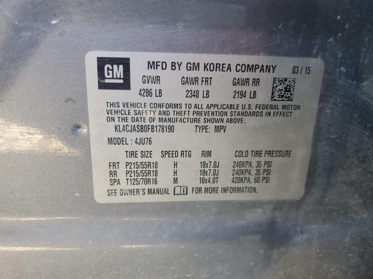 2015 Buick Encore VIN: KL4CJASB0FB178190 Lot: 91512365