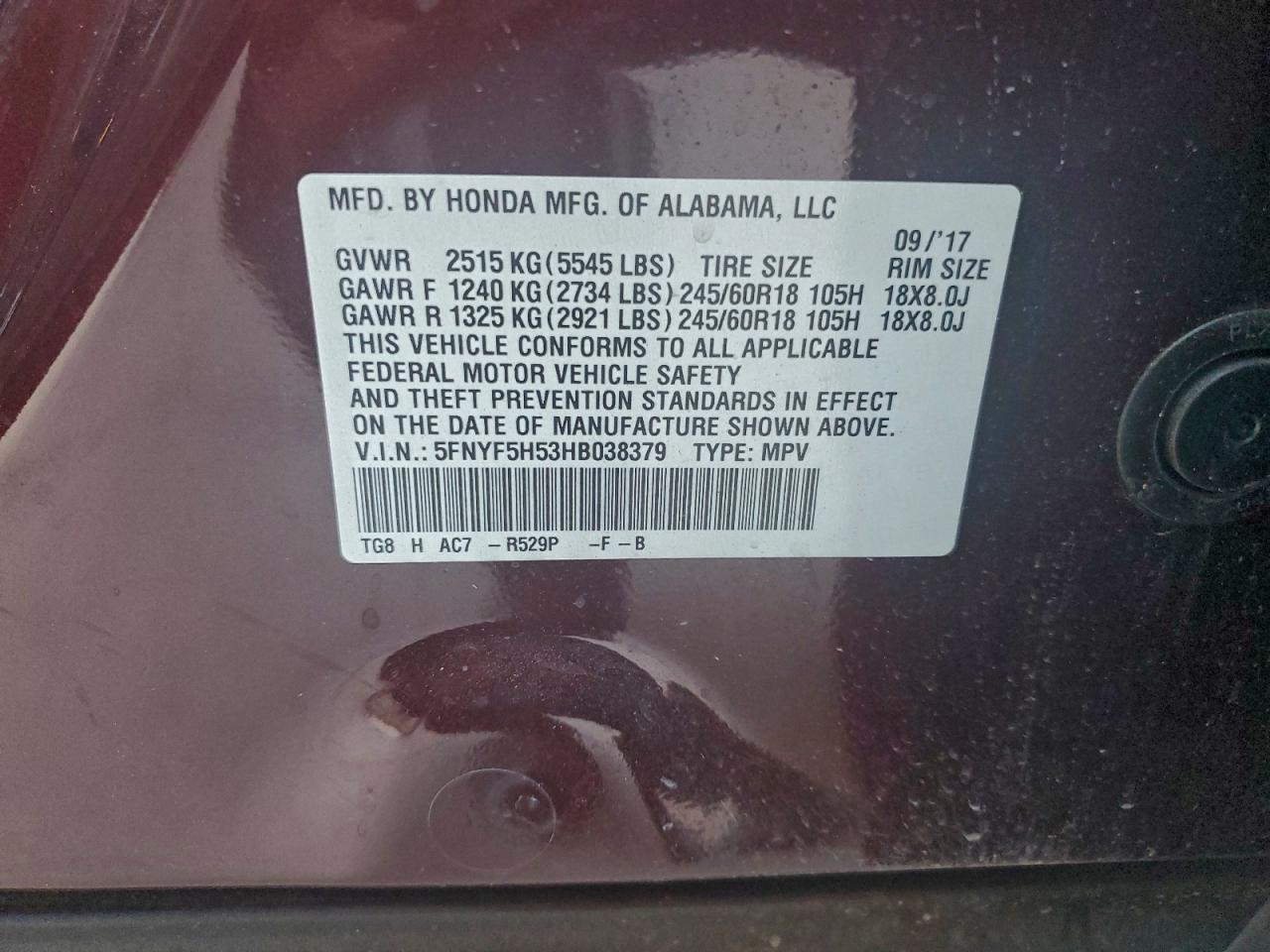 2017 Honda Pilot Exl VIN: 5FNYF5H53HB038379 Lot: 91675025