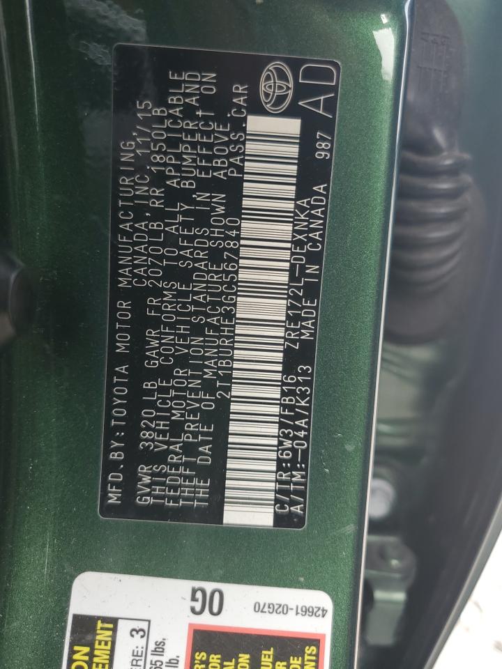 2016 Toyota Corolla L VIN: 2T1BURHE3GC567840 Lot: 91271005