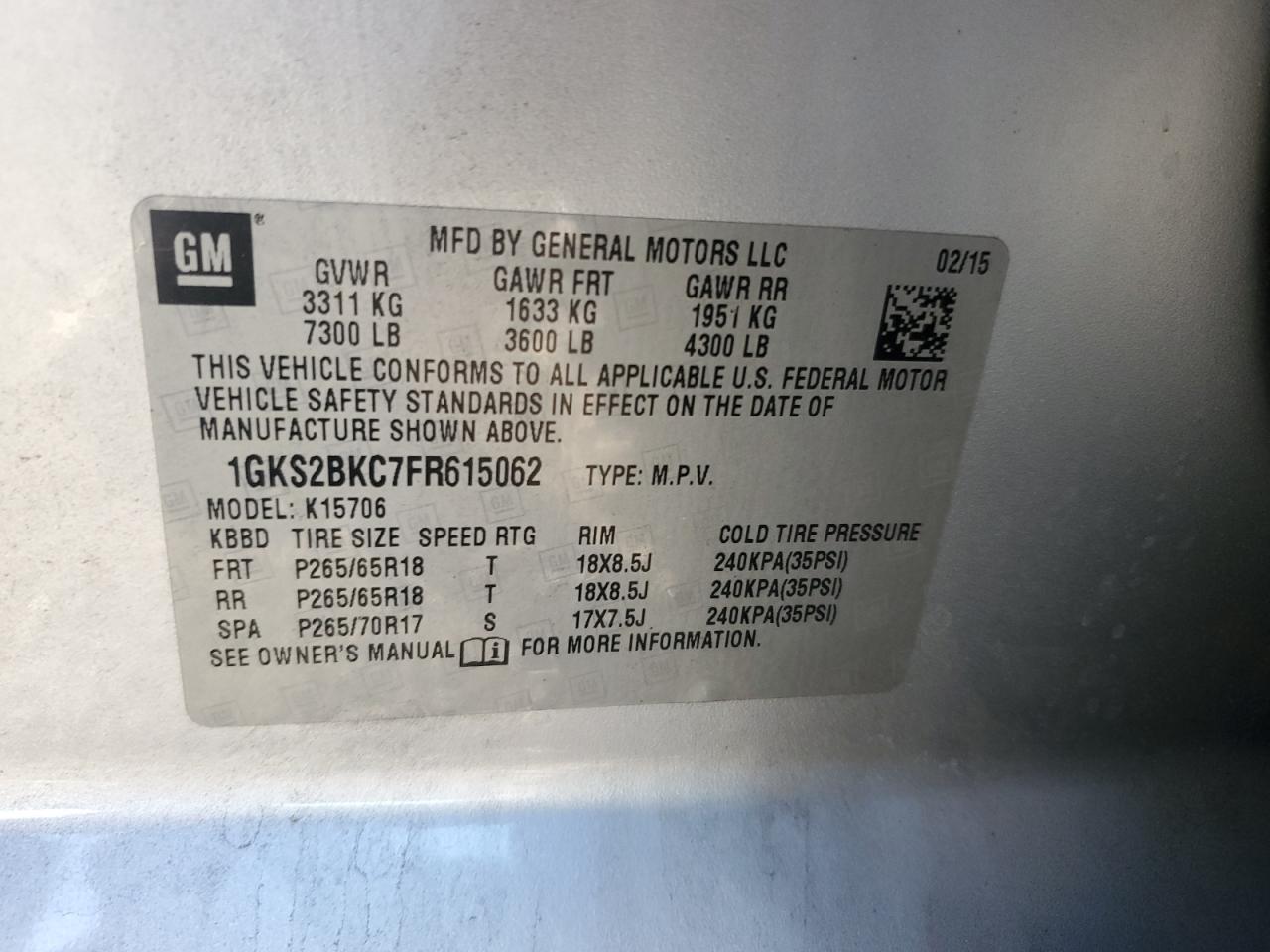 2015 GMC Yukon Slt VIN: 1GKS2BKC7FR615062 Lot: 90951495