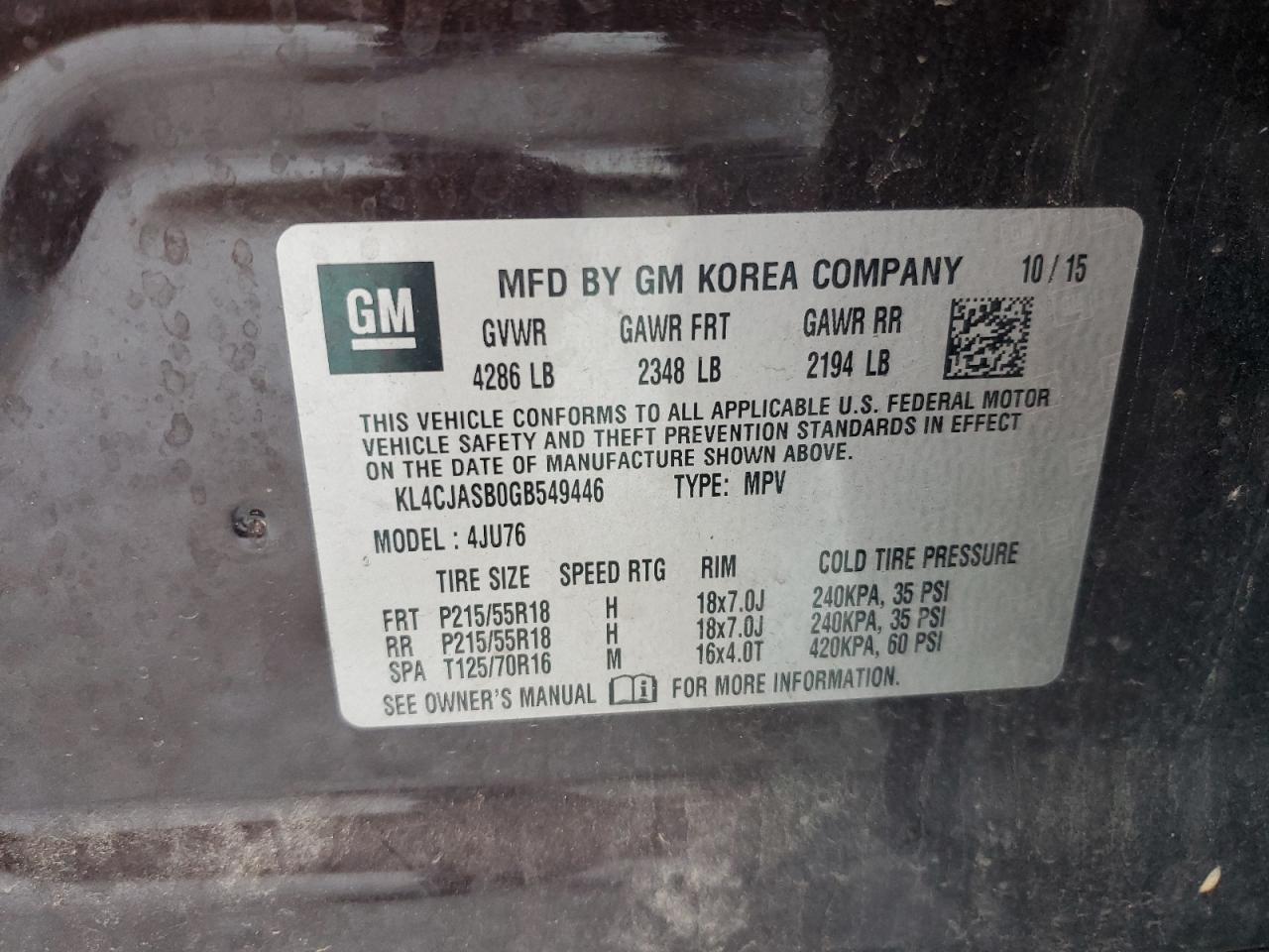 2016 Buick Encore VIN: KL4CJASB0GB549446 Lot: 91573045