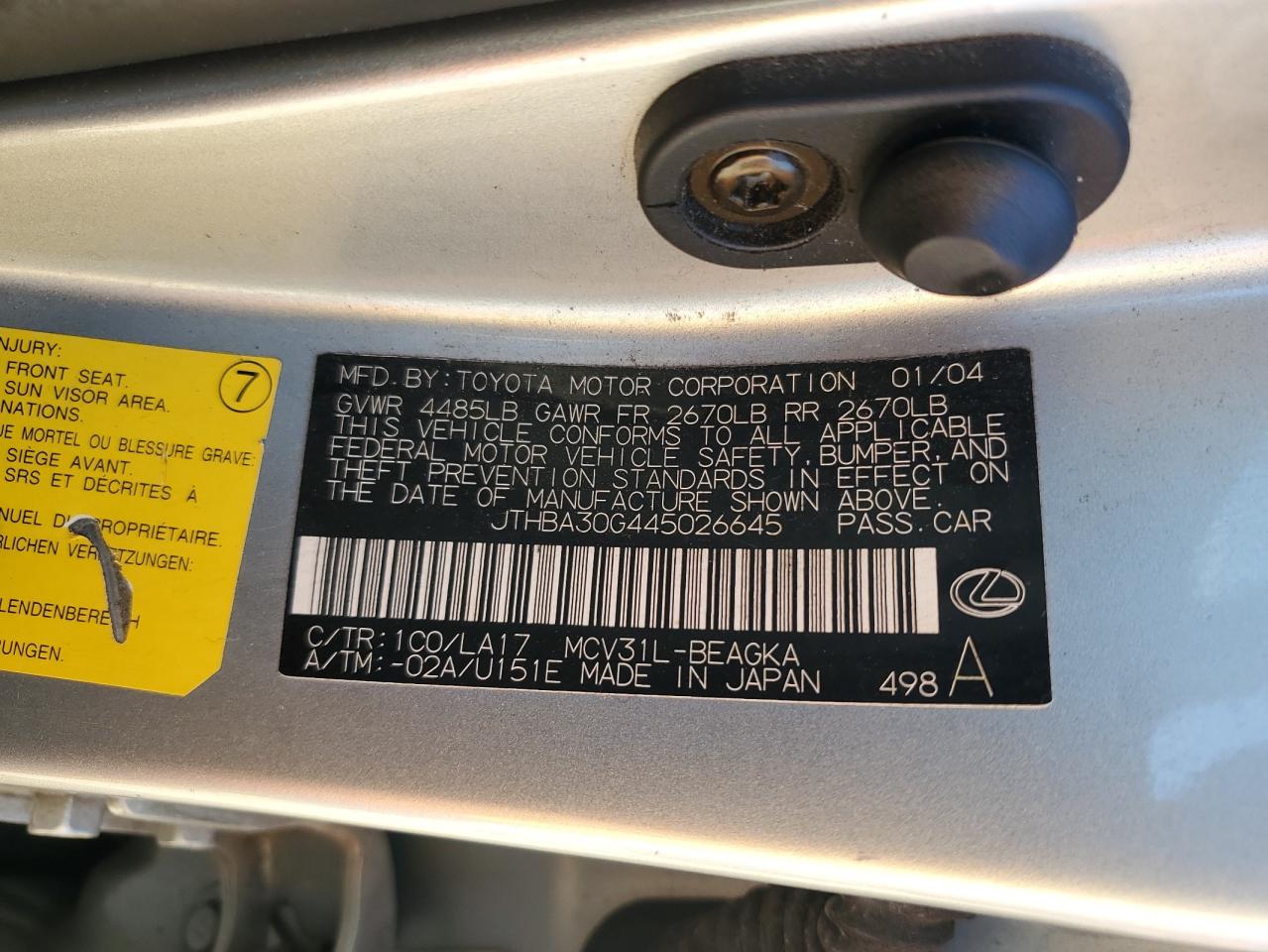 2004 Lexus Es 330 VIN: JTHBA30G445026645 Lot: 91395805