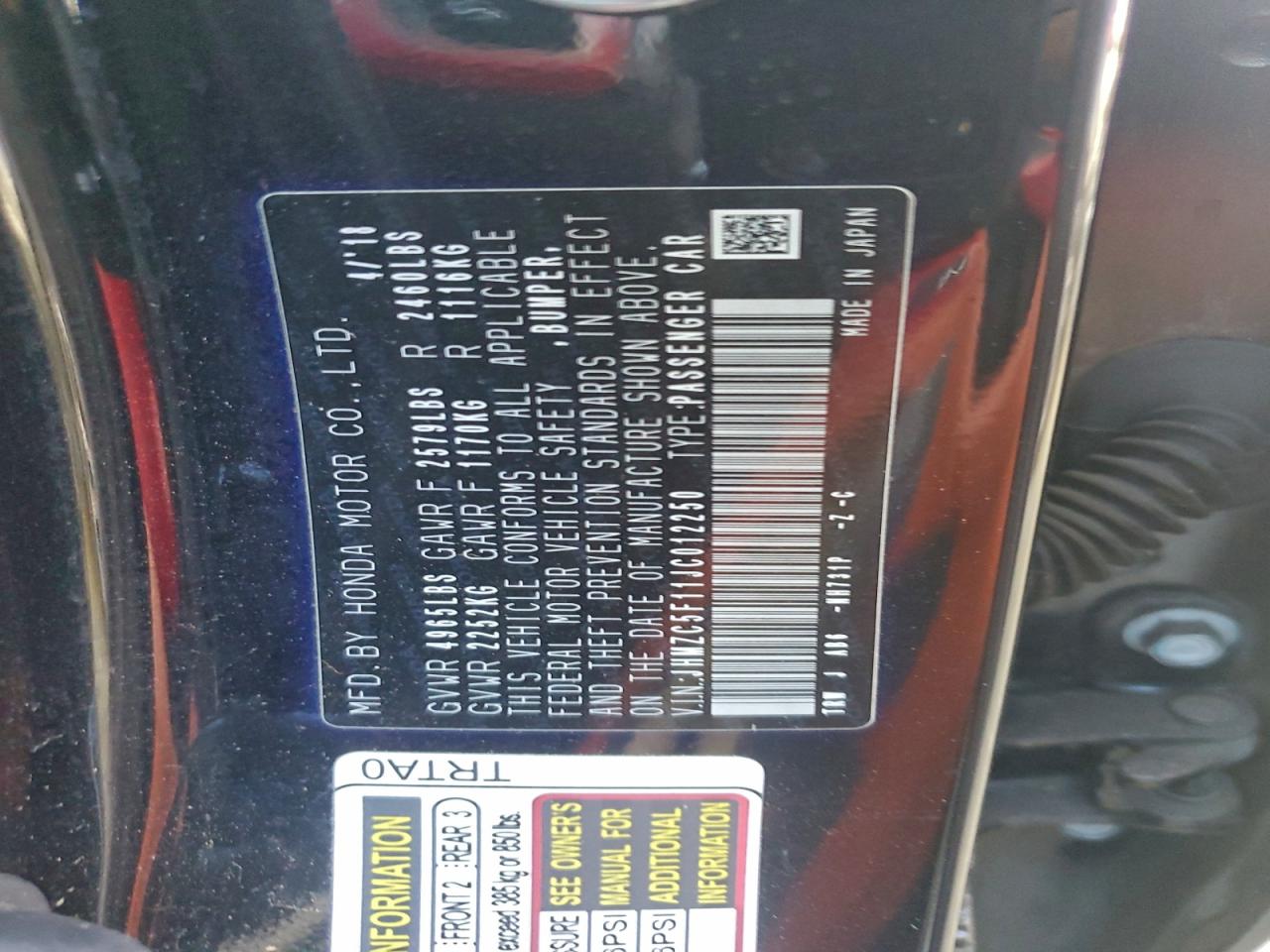 2018 Honda Clarity VIN: JHMZC5F11JC012250 Lot: 93790105