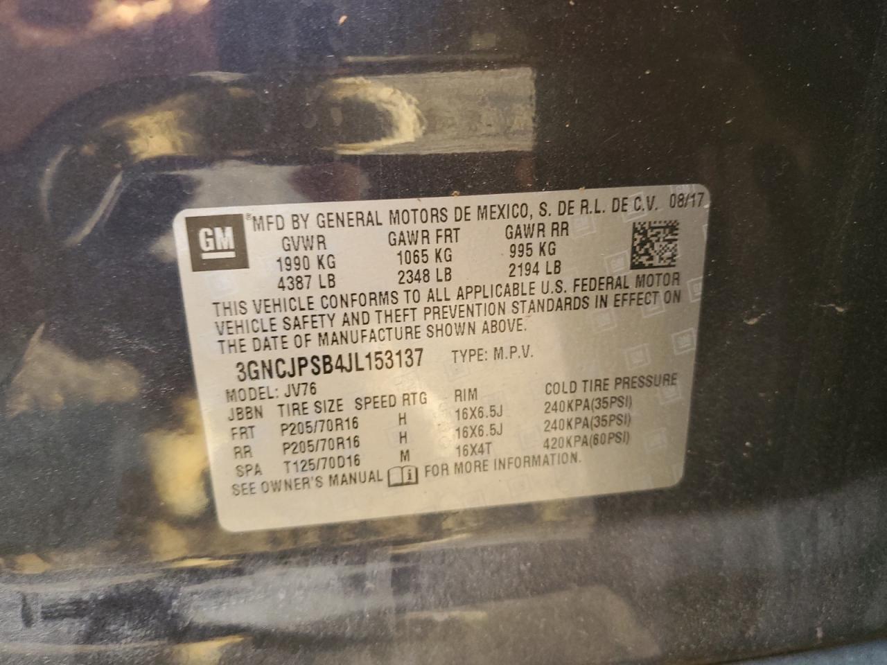 2018 Chevrolet Trax 1Lt VIN: 3GNCJPSB4JL153137 Lot: 91011775