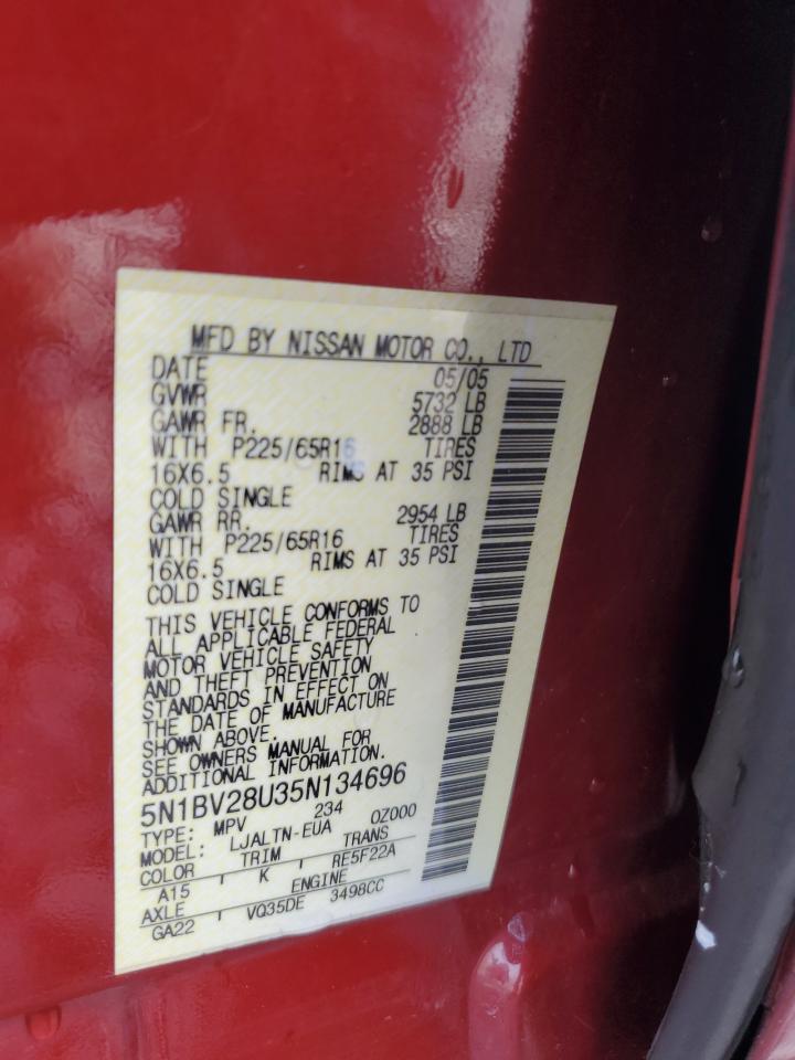 2005 Nissan Quest S VIN: 5N1BV28U35N134696 Lot: 92066465