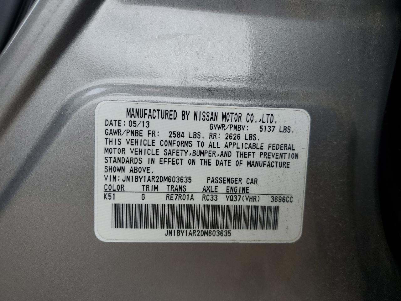 2013 Infiniti M37 X VIN: JN1BY1AR2DM603635 Lot: 92862765