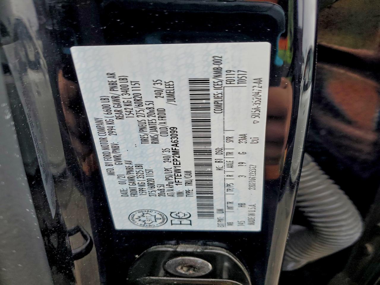 2021 Ford F150 Supercrew VIN: 1FTEW1EP2MFA63099 Lot: 94266875