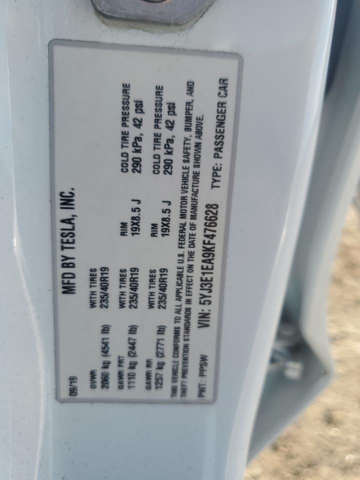 2019 Tesla Model 3 VIN: 5YJ3E1EA9KF476628 Lot: 92474585