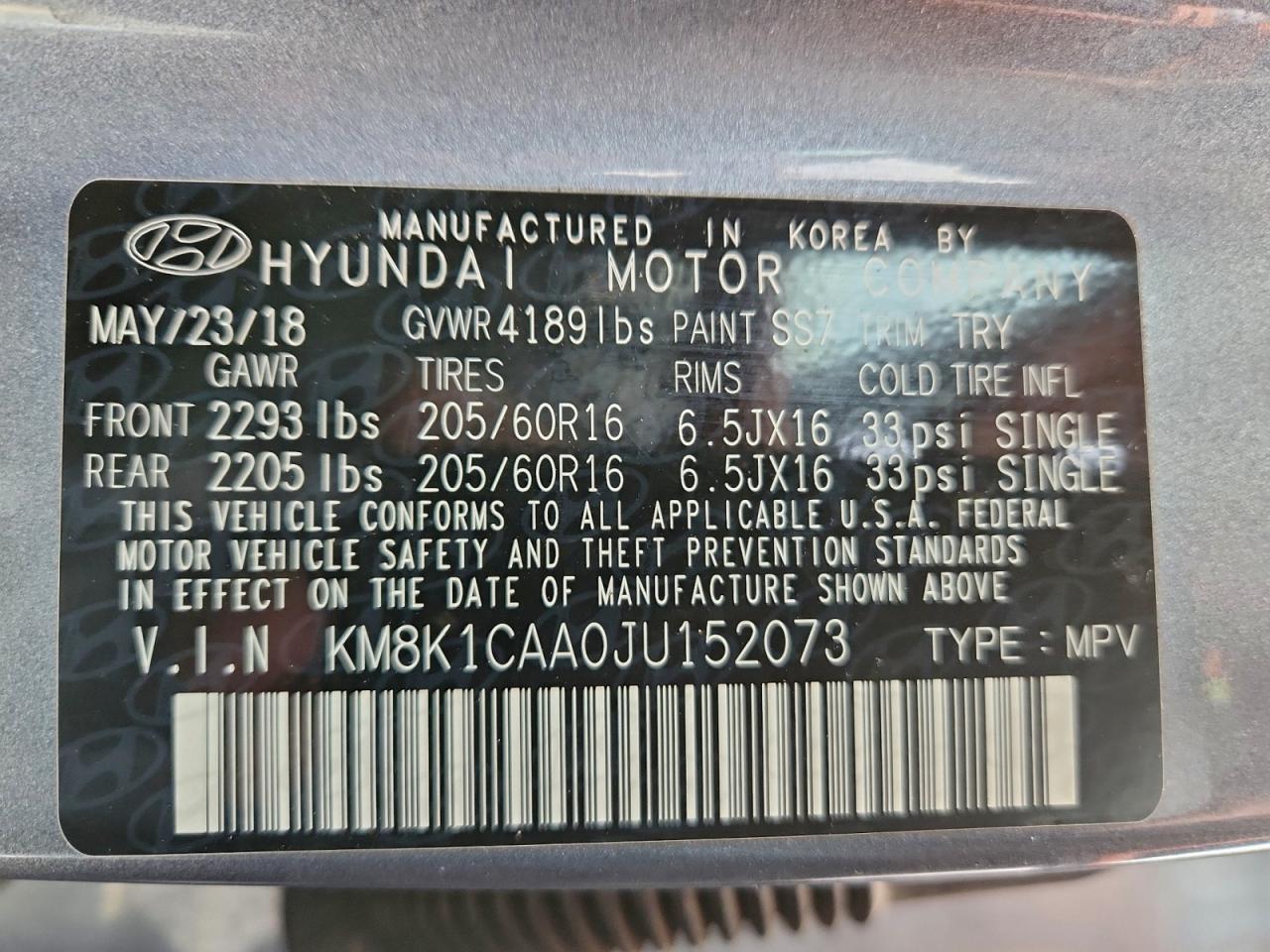 2018 Hyundai Kona Se VIN: KM8K1CAA0JU152073 Lot: 94377365