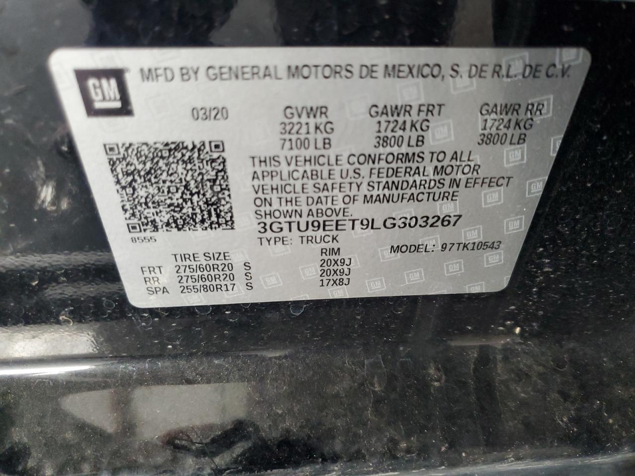 2020 GMC Sierra K1500 At4 VIN: 3GTU9EET9LG303267 Lot: 92103315