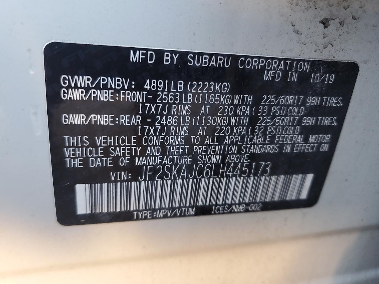 2020 Subaru Forester Premium VIN: JF2SKAJC6LH445173 Lot: 93302255