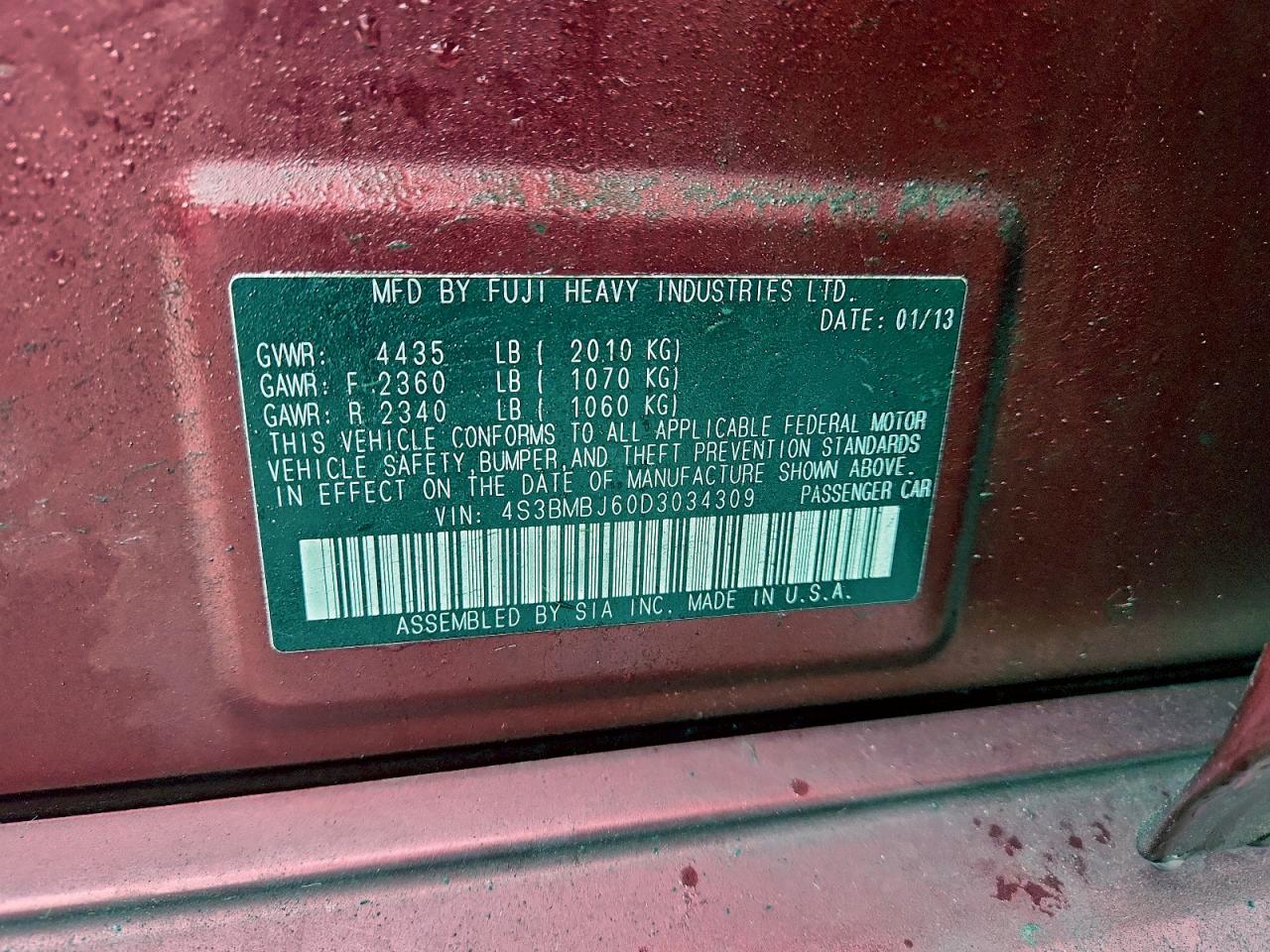 2013 Subaru Legacy 2.5I Limited VIN: 4S3BMBJ60D3034309 Lot: 94375065