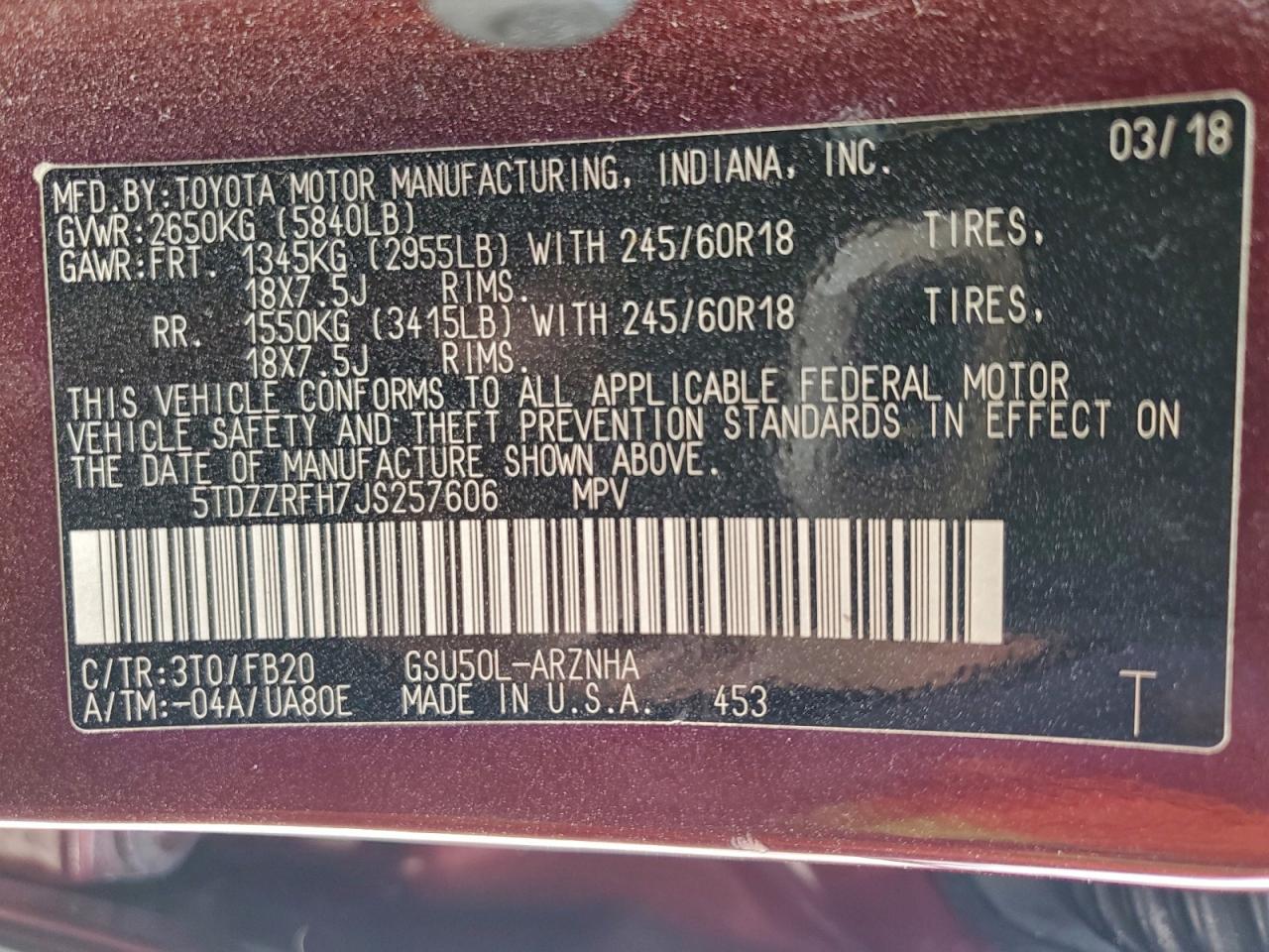 2018 Toyota Highlander Le VIN: 5TDZZRFH7JS257606 Lot: 93946745