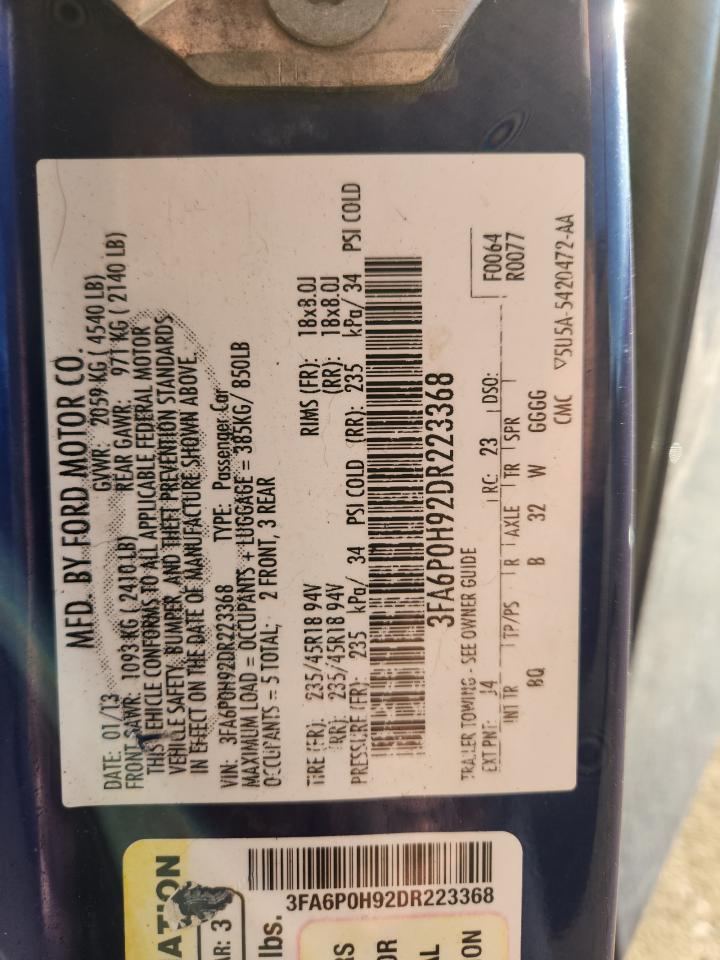 2013 Ford Fusion Se VIN: 3FA6P0H92DR223368 Lot: 91852295