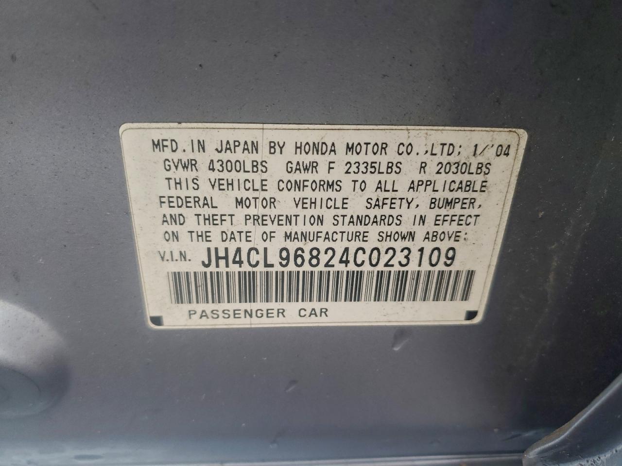 2004 Acura Tsx VIN: JH4CL96824C023109 Lot: 94453625