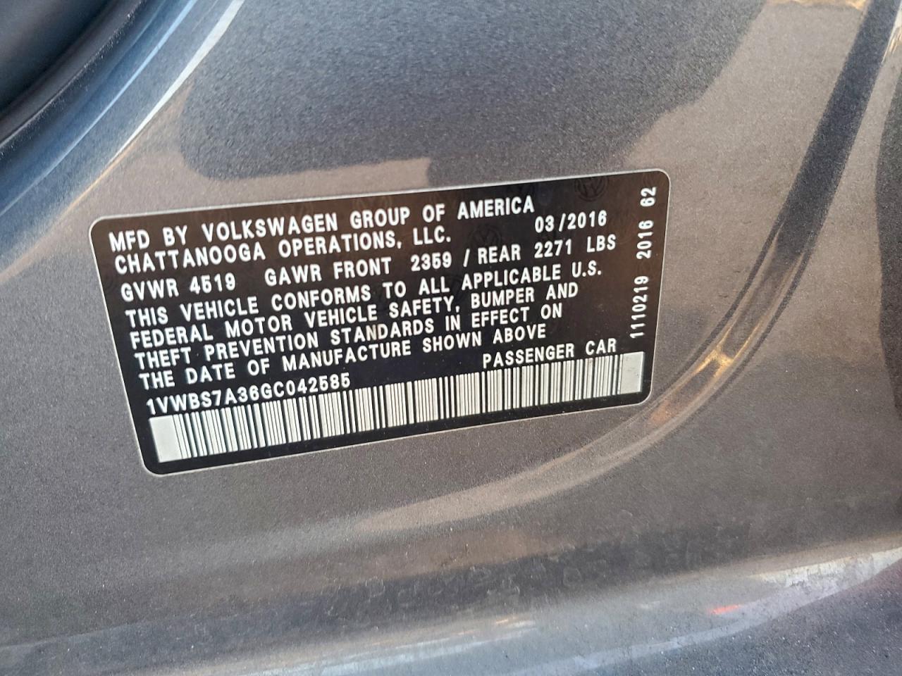 2016 Volkswagen Passat Se VIN: 1VWBS7A36GC042585 Lot: 93821465