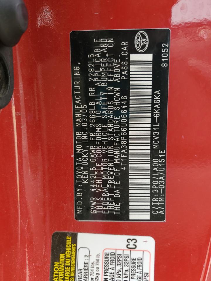 2006 Toyota Camry Solara Se VIN: 4T1FA38P66U066446 Lot: 92684205