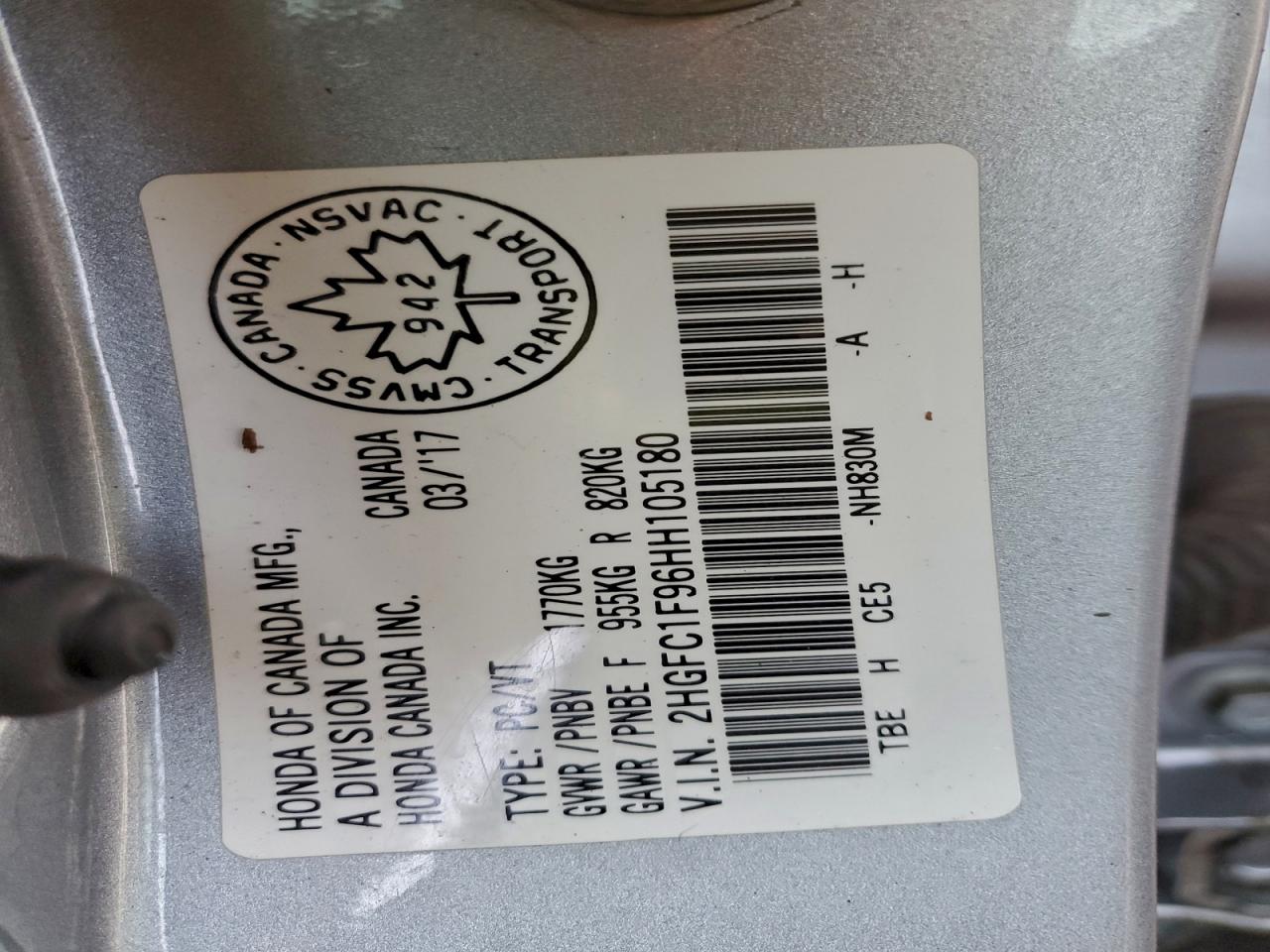 2017 Honda Civic Touring VIN: 2HGFC1F96HH105180 Lot: 93283835