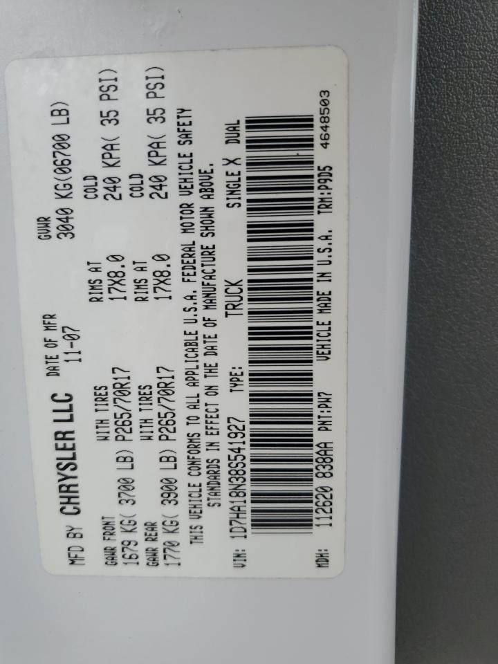 2008 Dodge Ram 1500 St VIN: 1D7HA18N38S541927 Lot: 92957215
