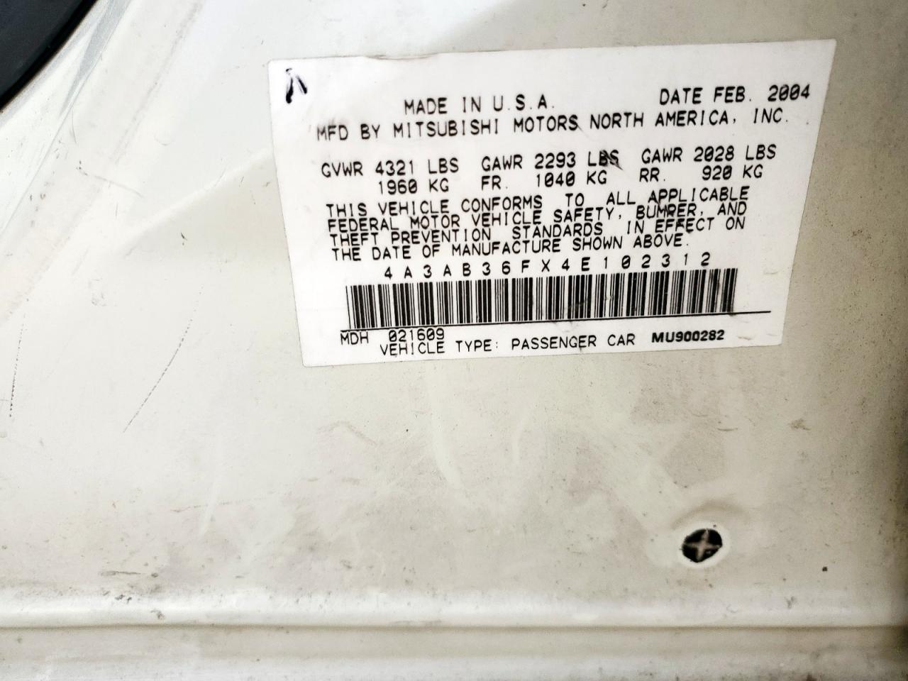 2004 Mitsubishi Galant Es Medium VIN: 4A3AB36FX4E102312 Lot: 93342795