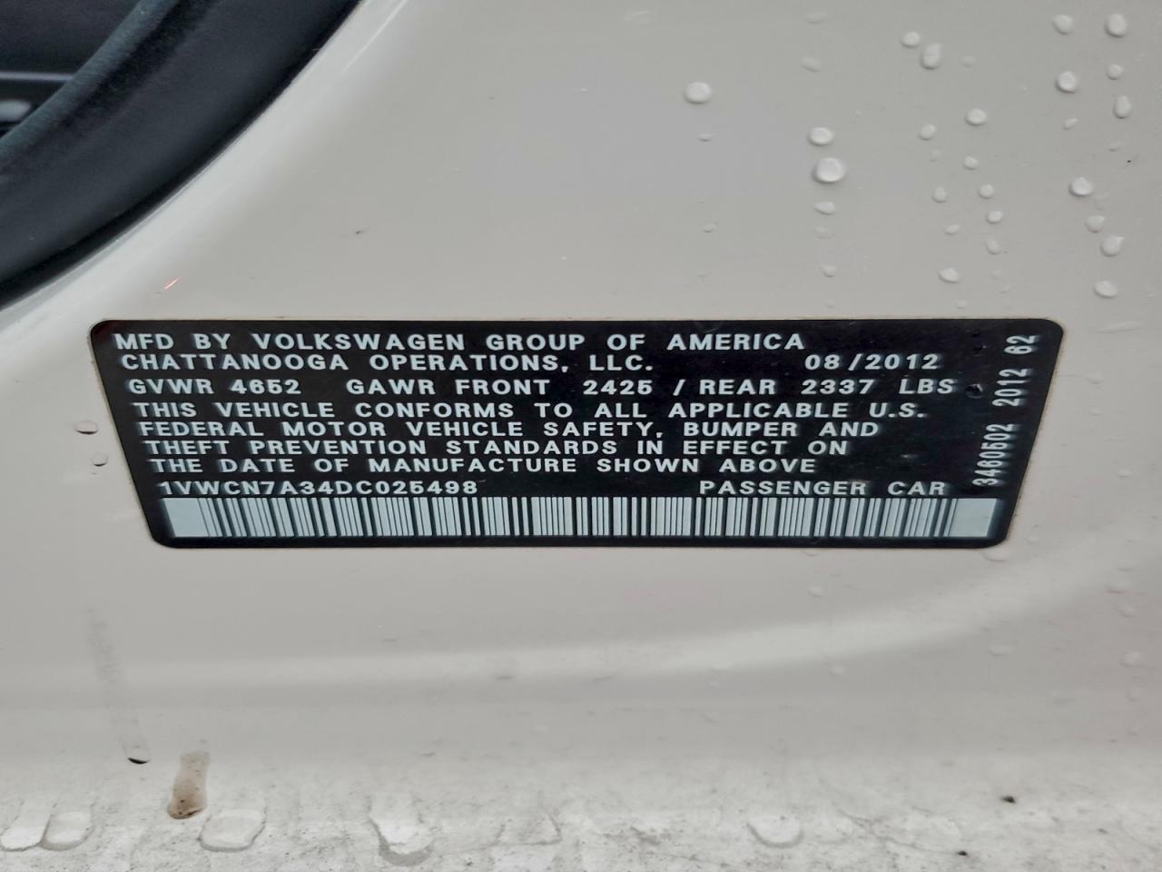 2013 Volkswagen Passat Sel VIN: 1VWCN7A34DC025498 Lot: 94299045