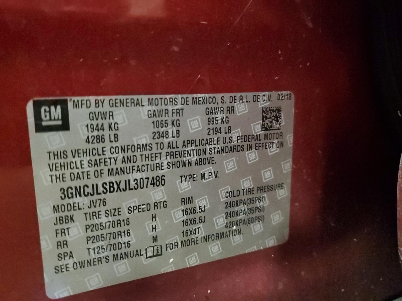 2018 Chevrolet Trax 1Lt VIN: 3GNCJLSBXJL307486 Lot: 92473005