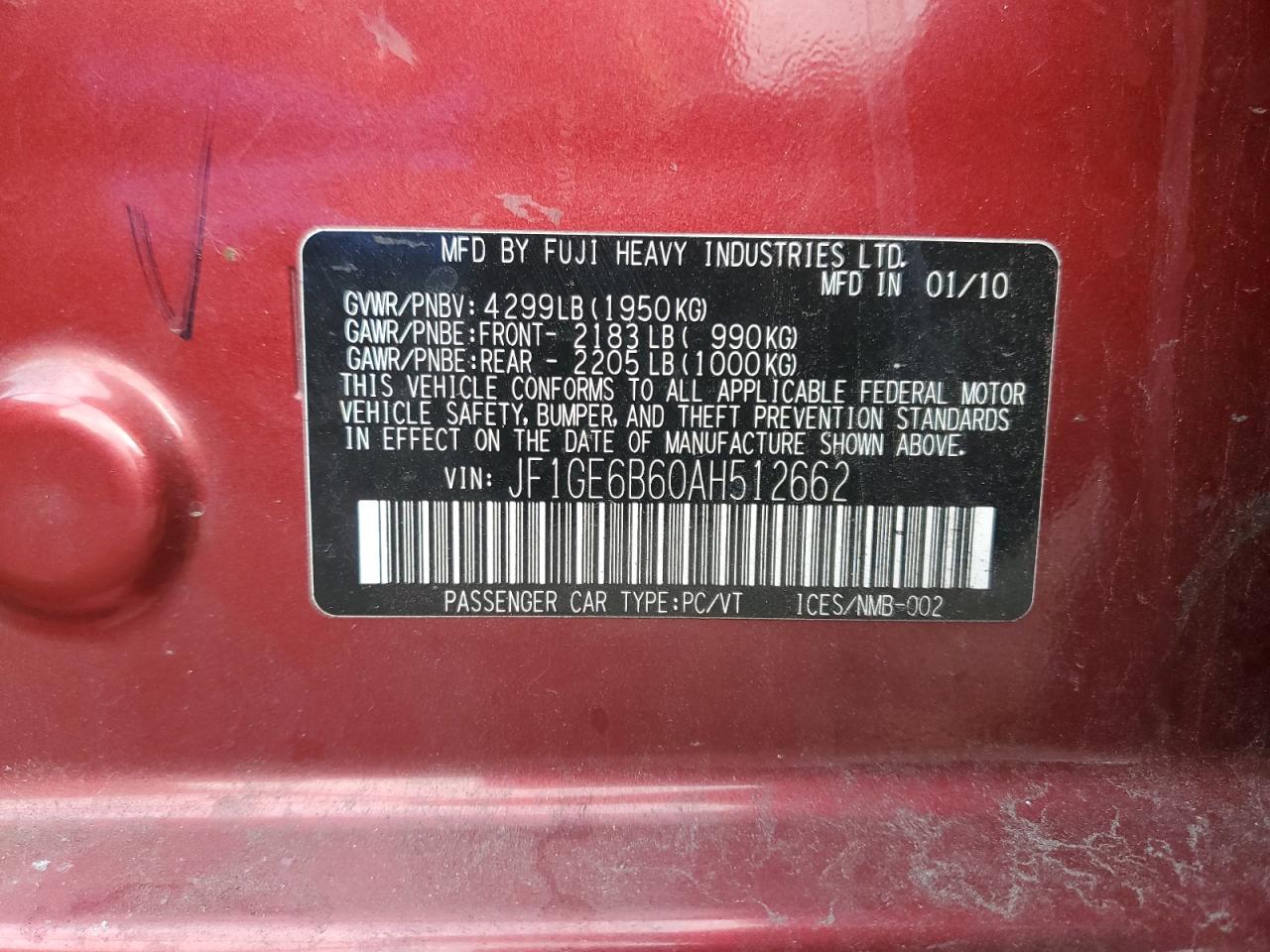 2010 Subaru Impreza 2.5I Premium VIN: JF1GE6B60AH512662 Lot: 92192995