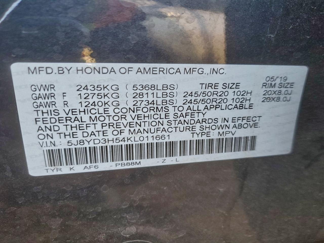 2019 Acura Mdx Technology VIN: 5J8YD3H54KL011661 Lot: 94765395