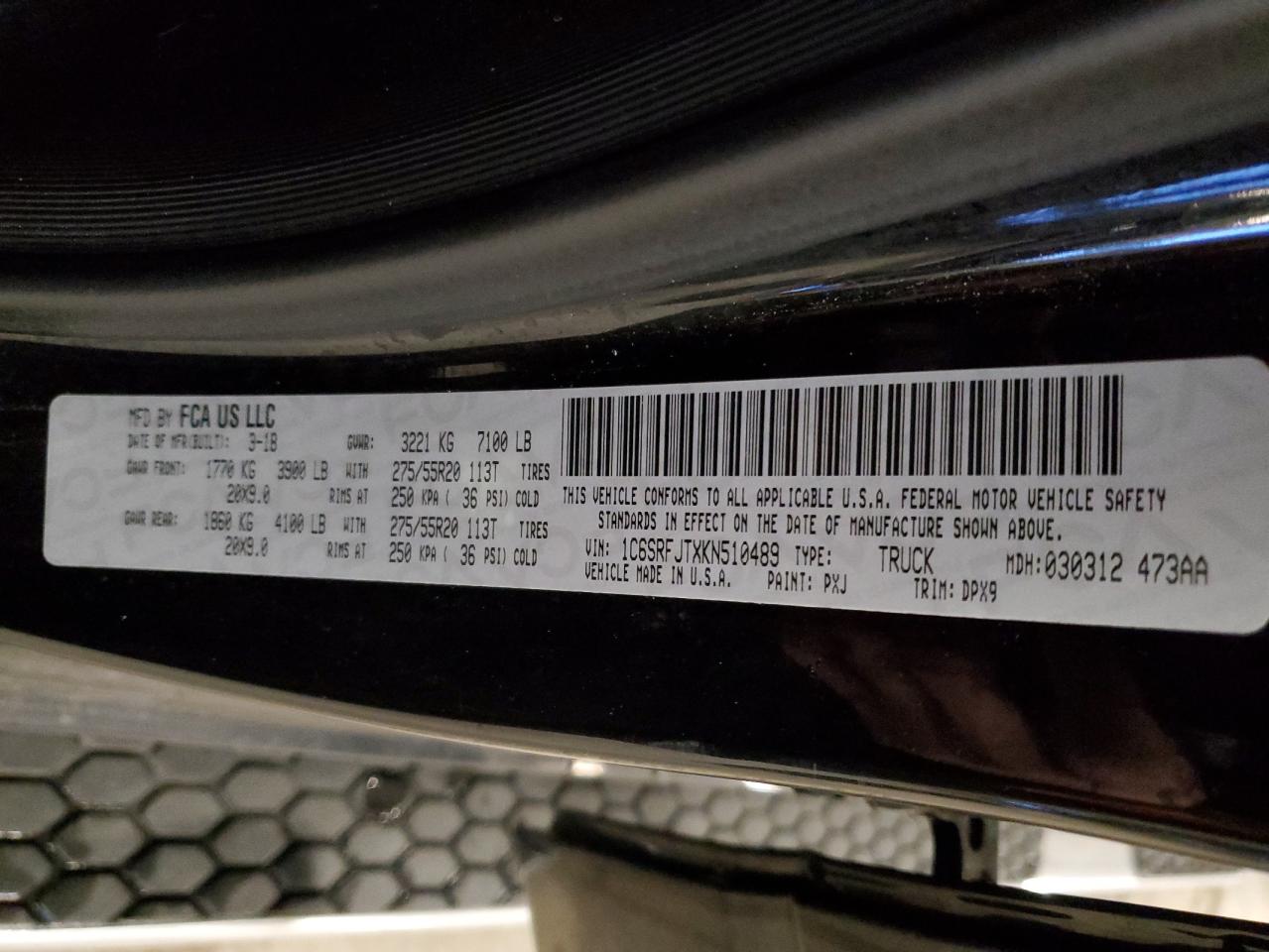 2019 Ram 1500 Laramie VIN: 1C6SRFJTXKN510489 Lot: 92804355