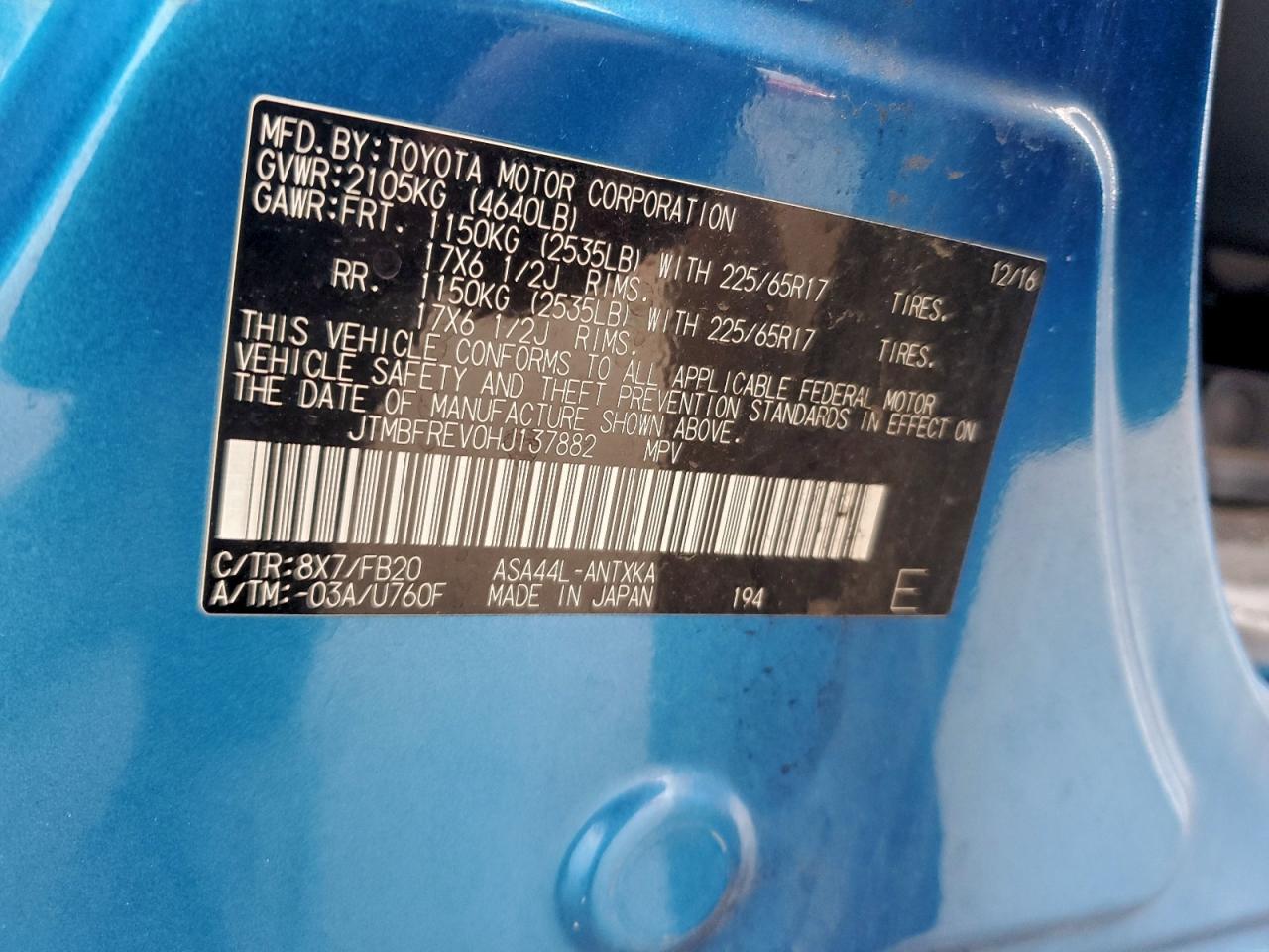 2017 Toyota Rav4 Le VIN: JTMBFREV0HJ137882 Lot: 94236885