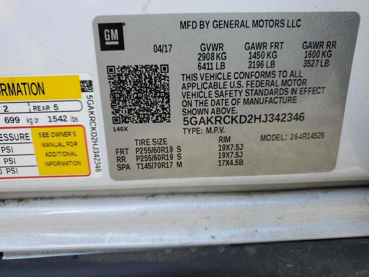 2017 Buick Enclave VIN: 5GAKRCKD2HJ342346 Lot: 92869605