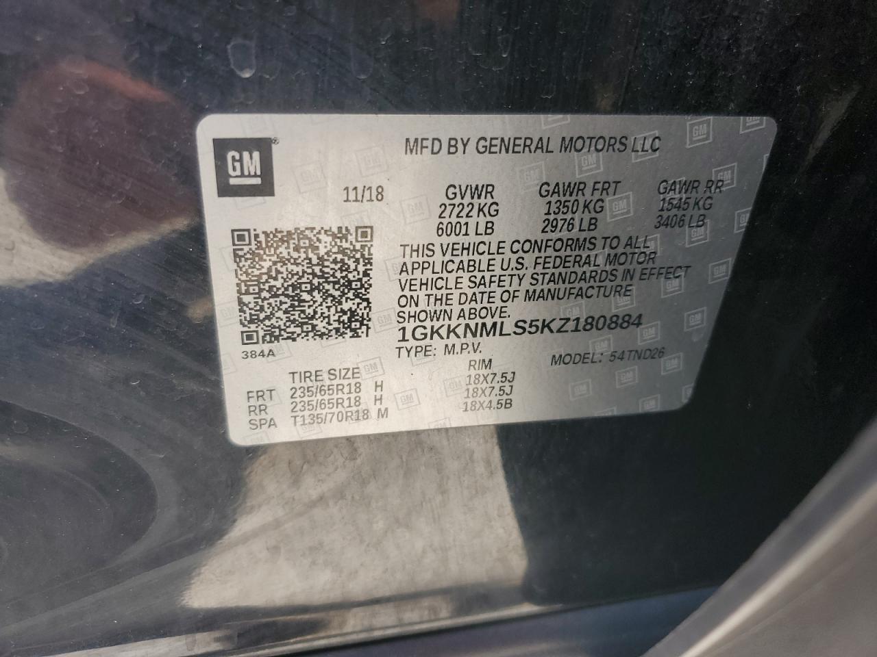 2019 GMC Acadia Slt-1 VIN: 1GKKNMLS5KZ180884 Lot: 92395335