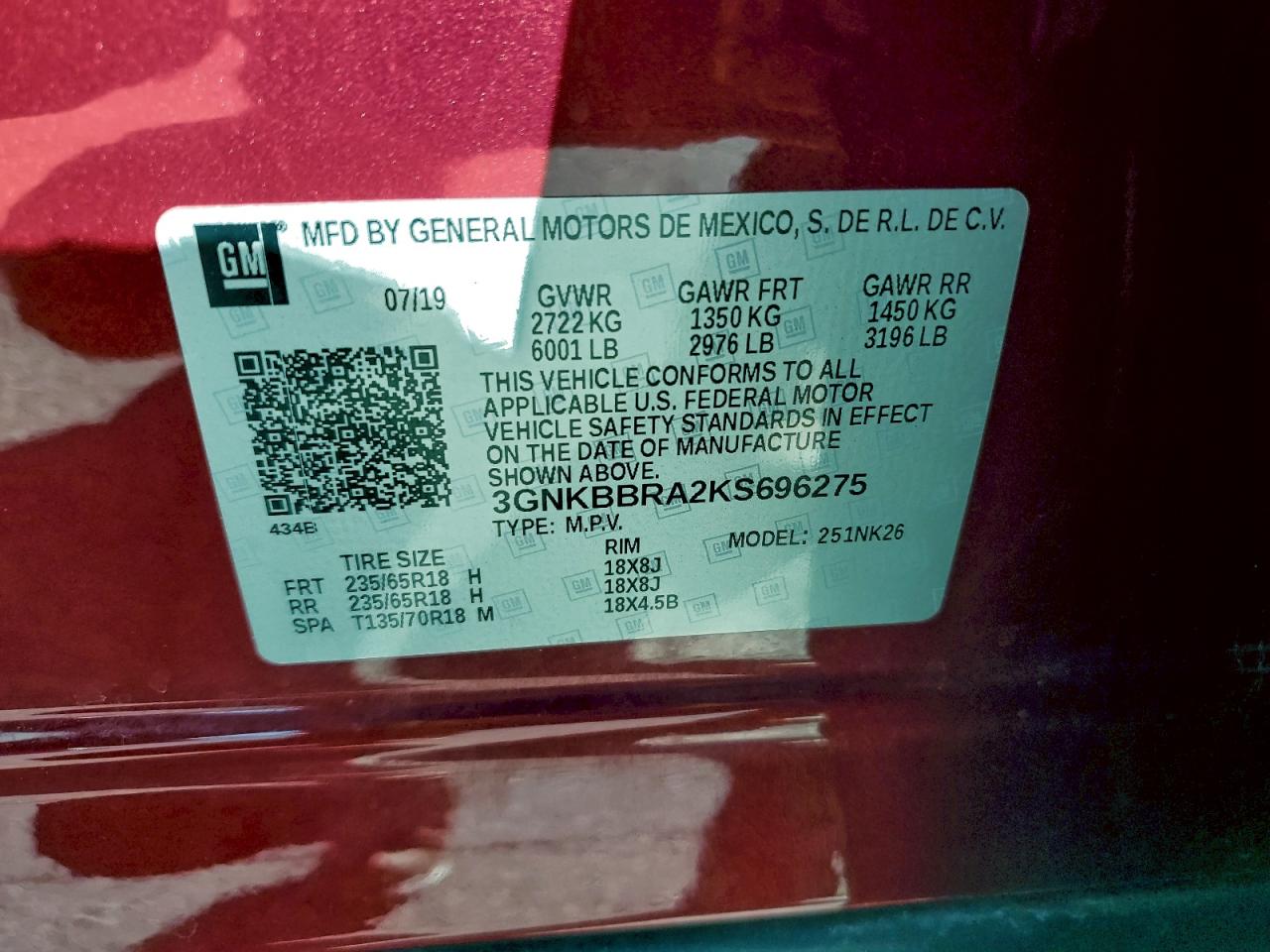 2019 Chevrolet Blazer 1Lt VIN: 3GNKBBRA2KS696275 Lot: 93616435