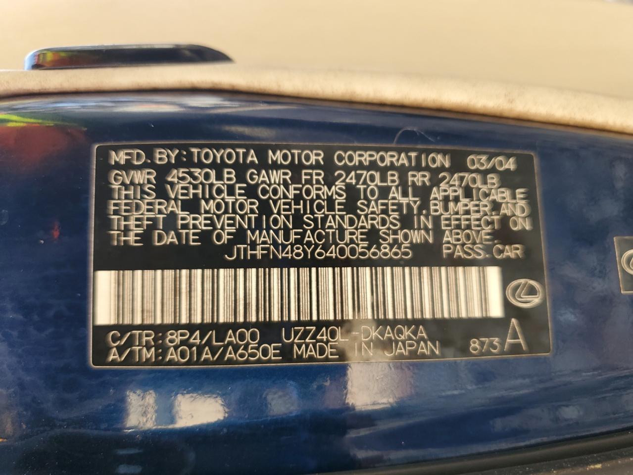 2004 Lexus Sc 430 VIN: JTHFN48Y640058650 Lot: 92985355