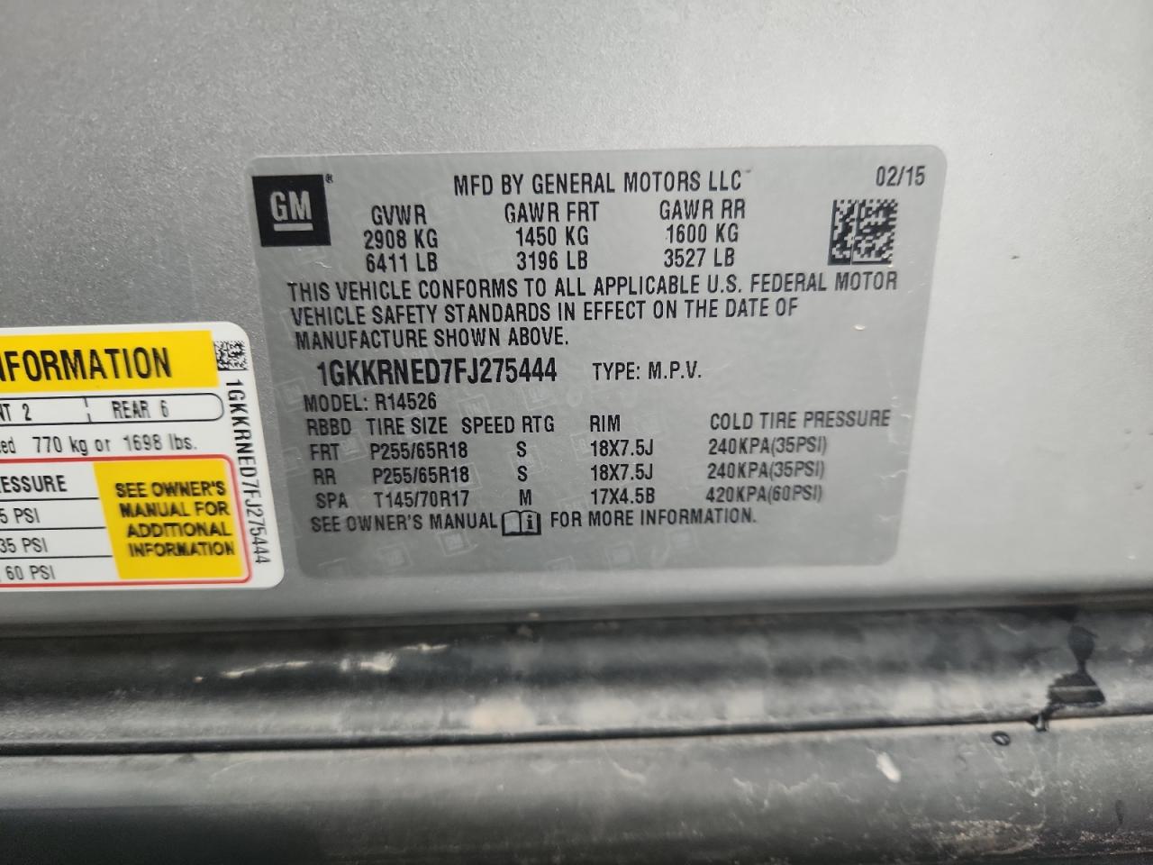 2015 GMC Acadia Sle VIN: 1GKKRNED7FJ275444 Lot: 93271925