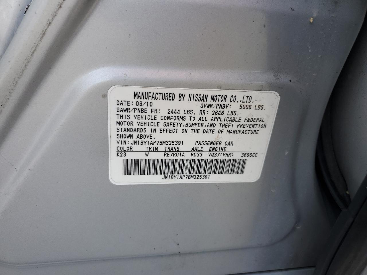 2011 Infiniti M37 VIN: JN1BY1AP7BM325391 Lot: 91972045