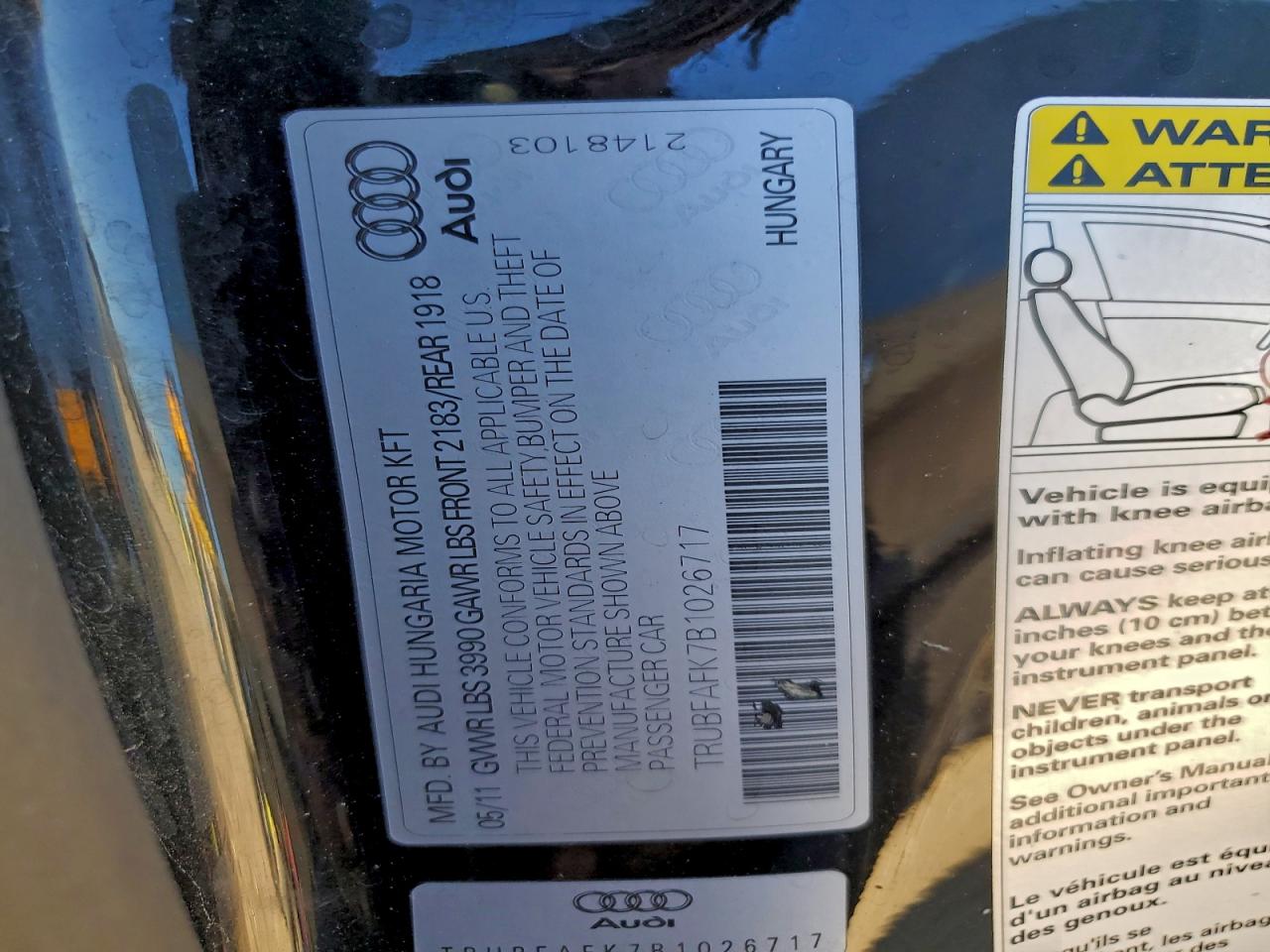 2011 Audi Tt Premium VIN: TRUBFAFK7B1026717 Lot: 93493875