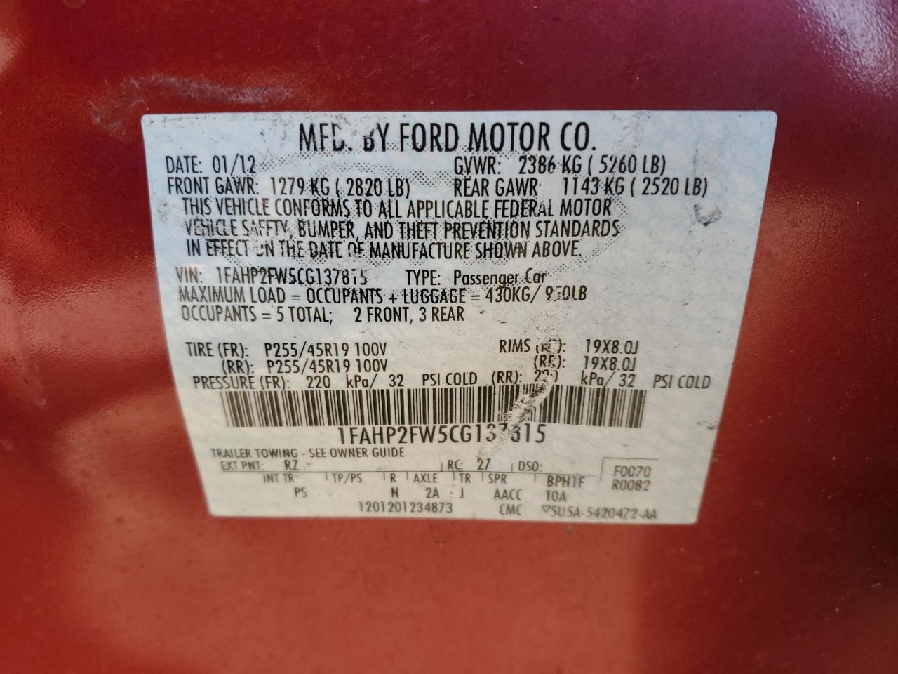 2012 Ford Taurus Limited VIN: 1FAHP2FW5CG137815 Lot: 82675725