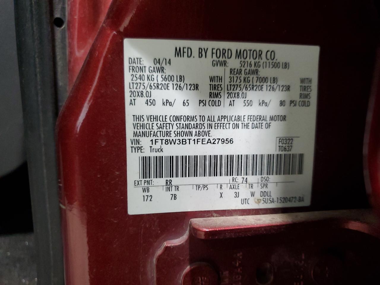 2015 Ford F350 Super Duty VIN: 1FT8W3BT1FEA27956 Lot: 91208475