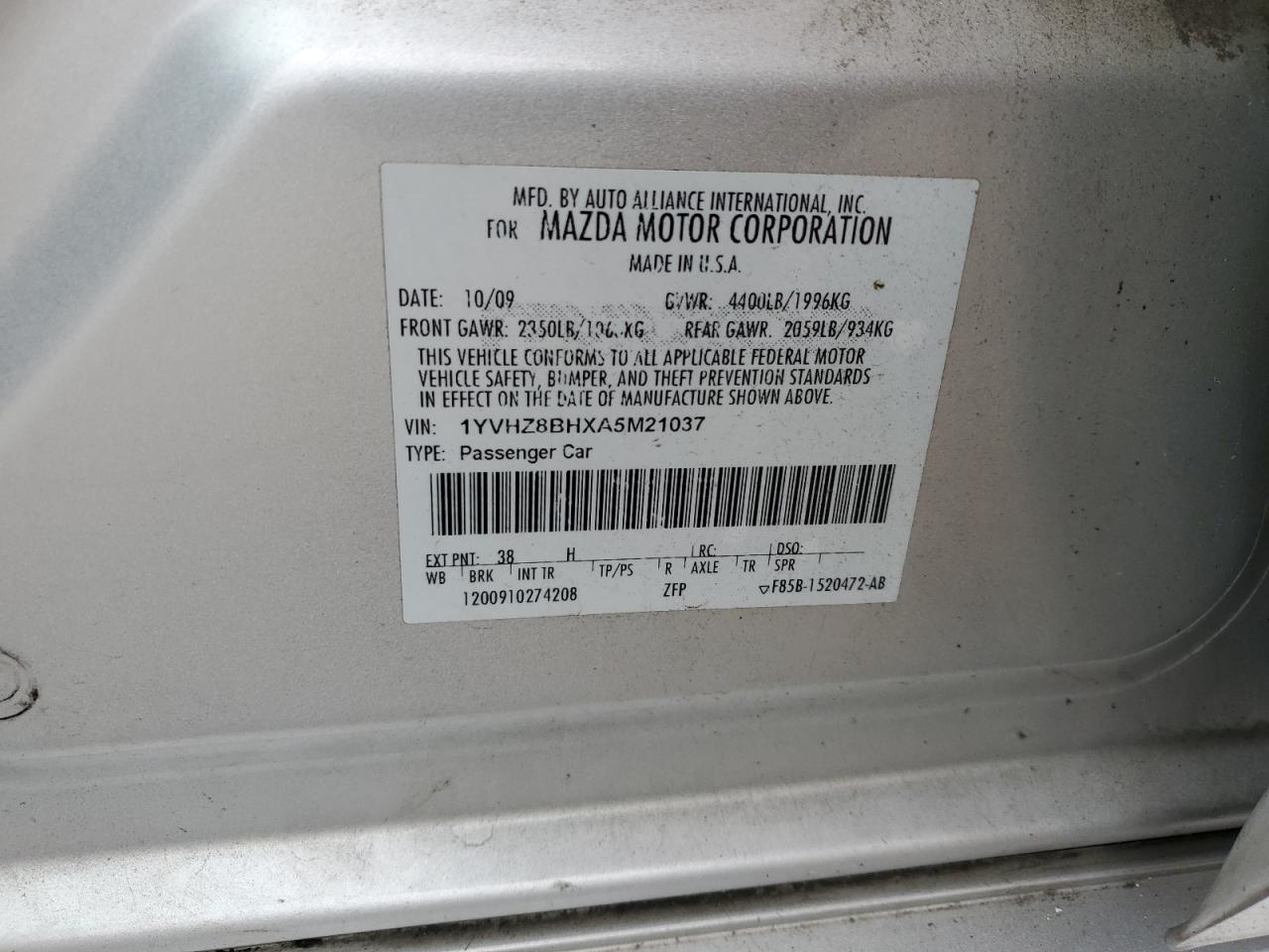2010 Mazda 6 I VIN: 1YVHZ8BHXA5M21037 Lot: 93671635