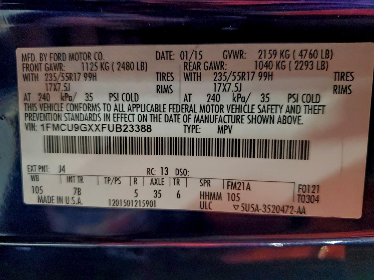 2015 Ford Escape Se VIN: 1FMCU9GXXFUB23388 Lot: 94516645