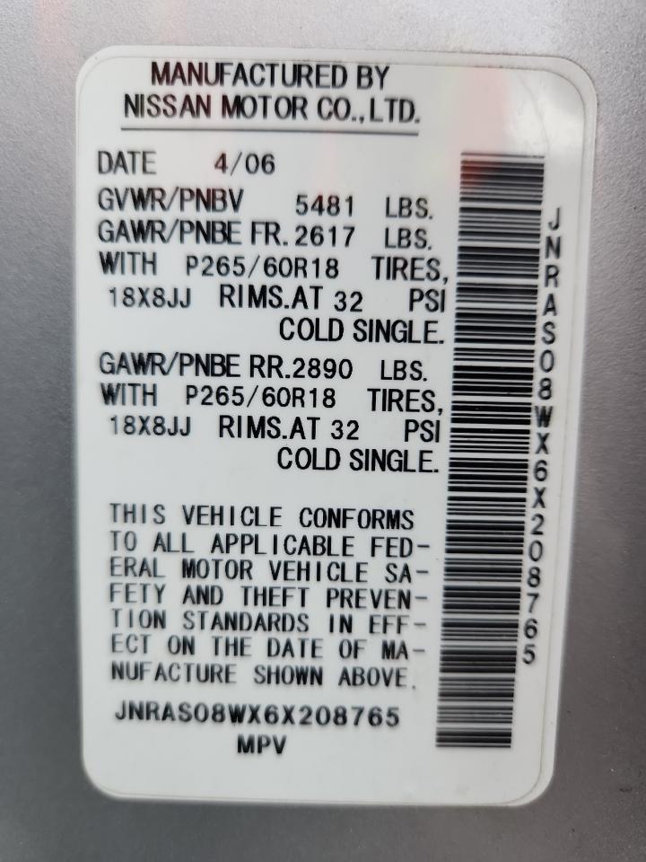 2006 Infiniti Fx35 VIN: JNRAS08WX6X208765 Lot: 92416725