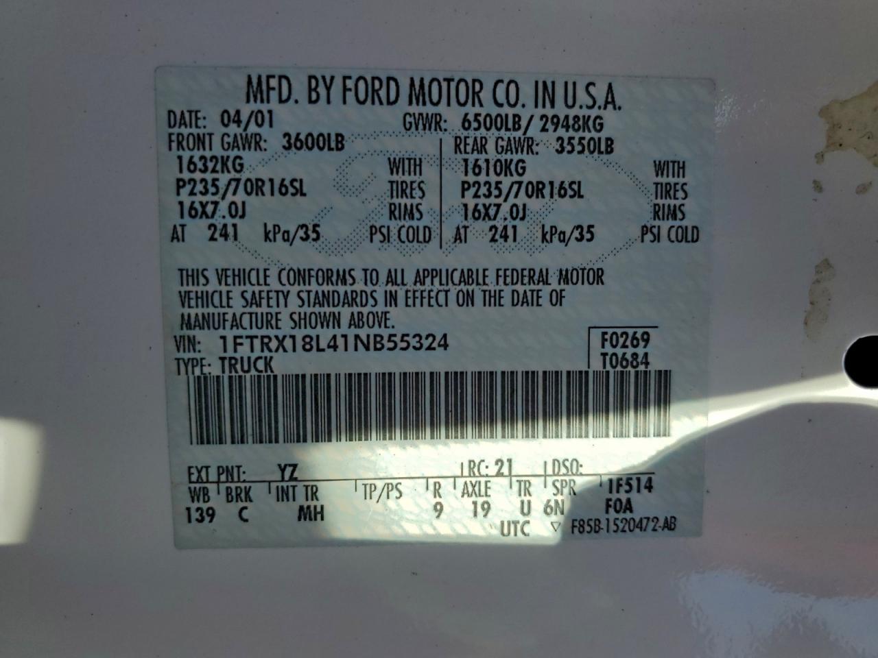 2001 Ford F150 VIN: 1FTRX18L41NB55324 Lot: 94059235