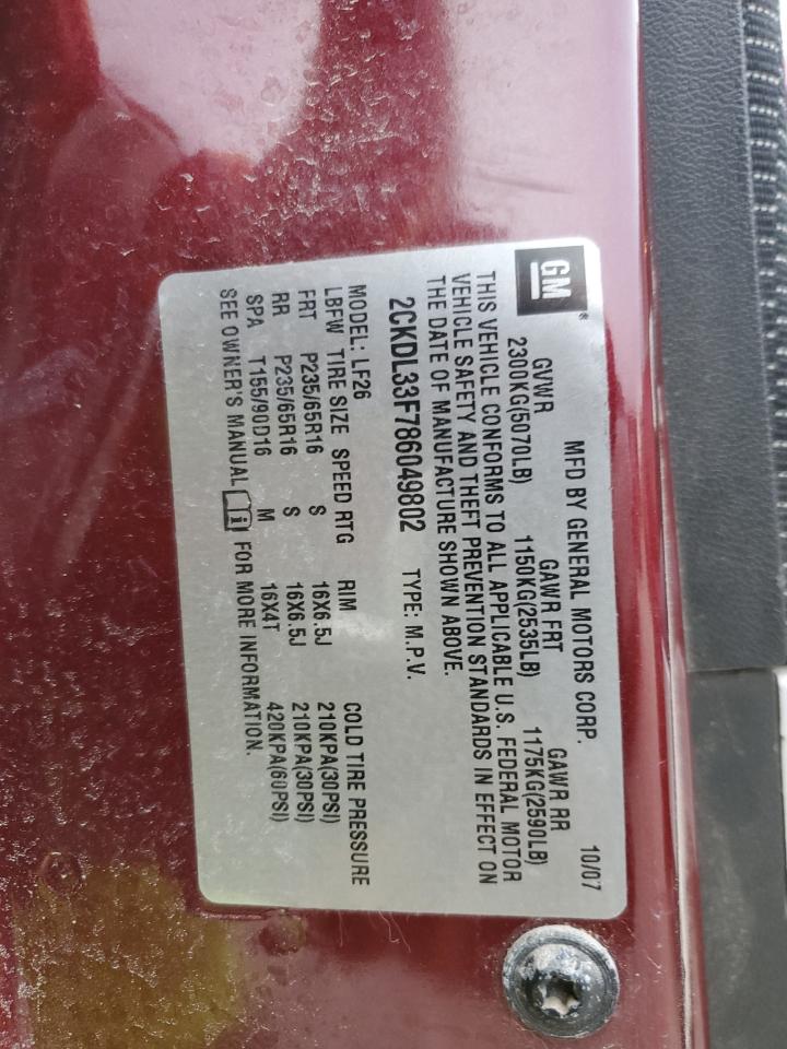 2008 Pontiac Torrent VIN: 2CKDL33F786049802 Lot: 93394375