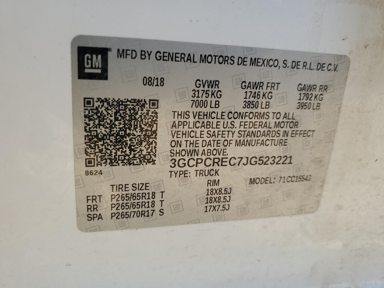 2018 Chevrolet Silverado C1500 Lt VIN: 3GCPCREC7JG523221 Lot: 87469835