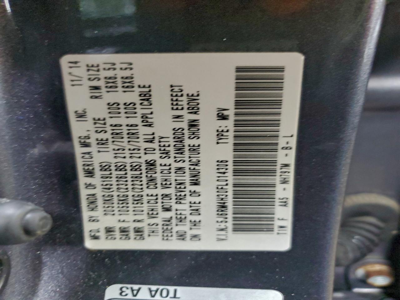 2015 Honda Cr-V Lx VIN: 5J6RM4H30FL014306 Lot: 94363525